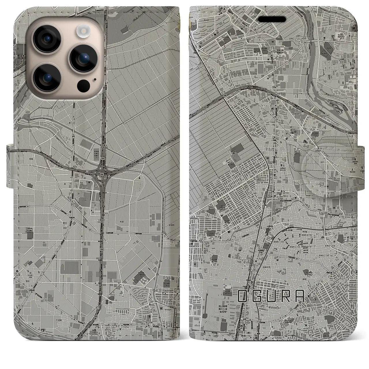 【小倉（京都府）】地図柄iPhoneケース（手帳タイプ）モノトーン・iPhone 16 Plus 用