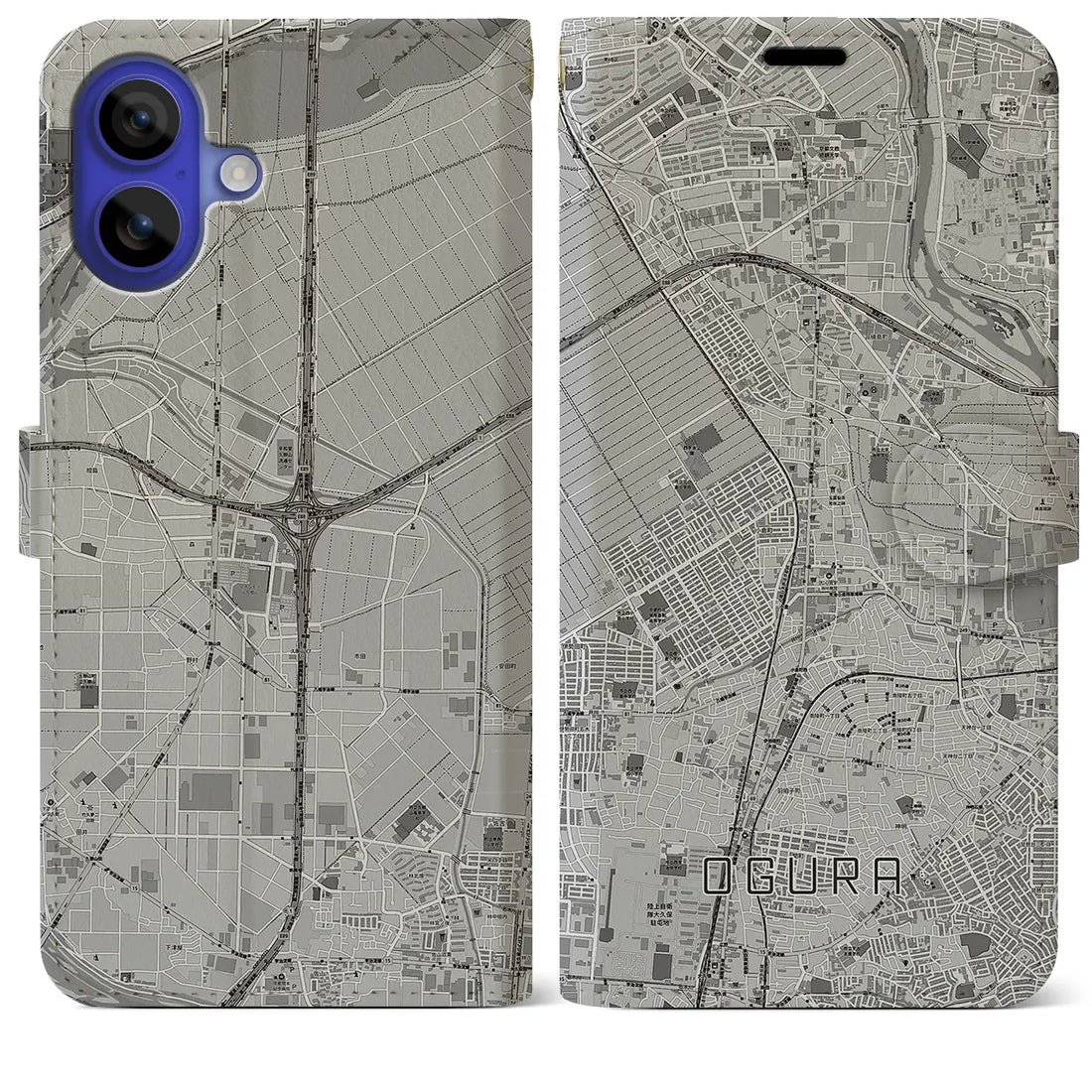 【小倉(京都府)】地図柄iPhoneケース(手帳タイプ)モノトーン・iPhone 16 Pro Max 用