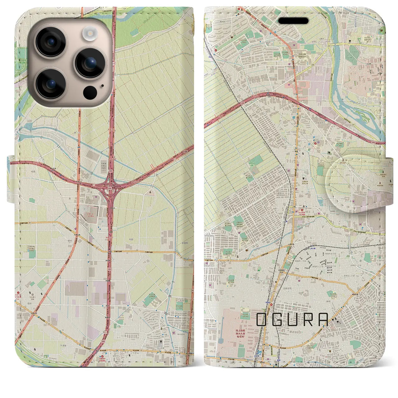 【小倉（京都府）】地図柄iPhoneケース（手帳タイプ）ナチュラル・iPhone 16 Plus 用