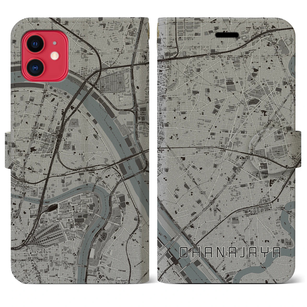 【お花茶屋】地図柄iPhoneケース（手帳両面タイプ・モノトーン）iPhone 11 用