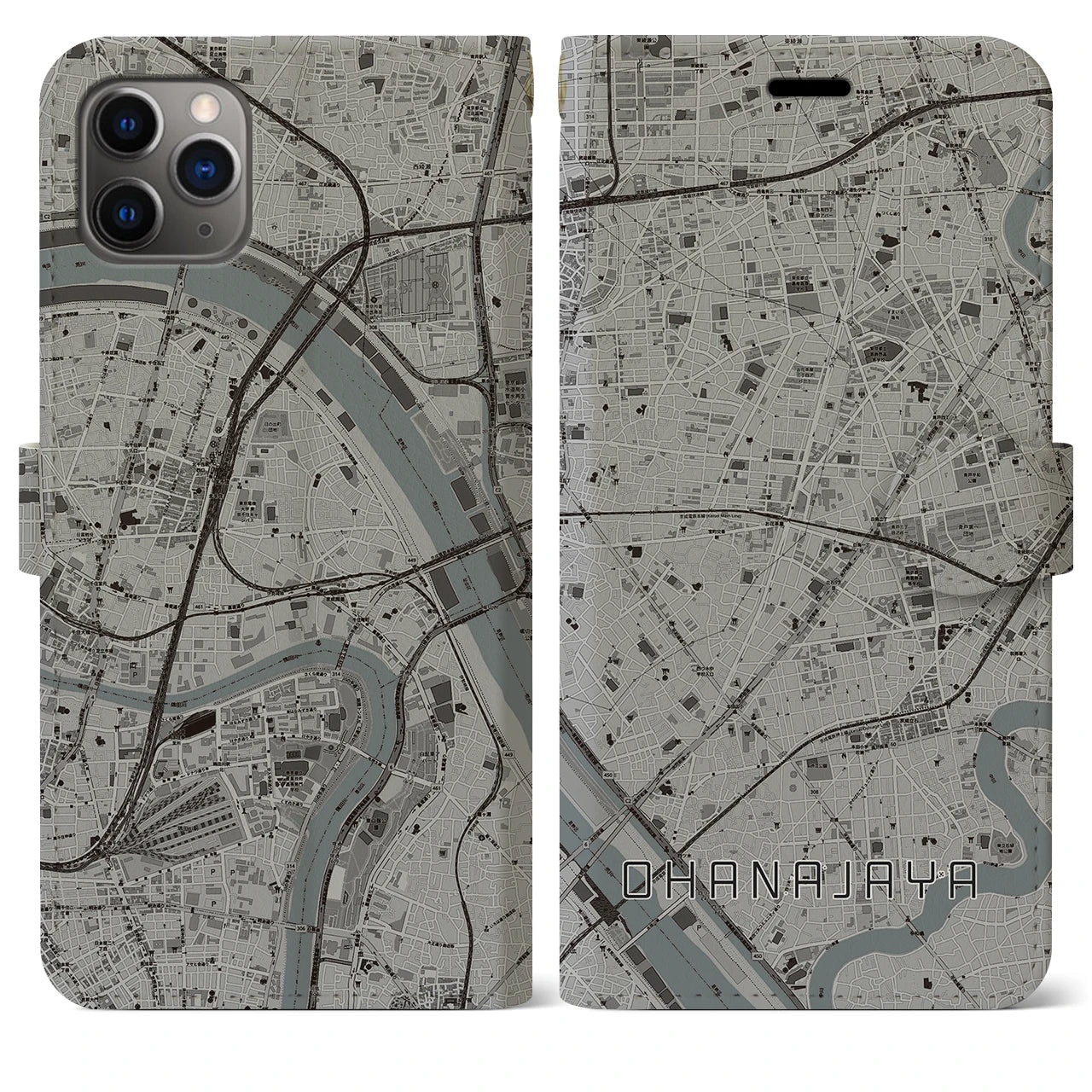 【お花茶屋】地図柄iPhoneケース（手帳両面タイプ・モノトーン）iPhone 11 Pro Max 用
