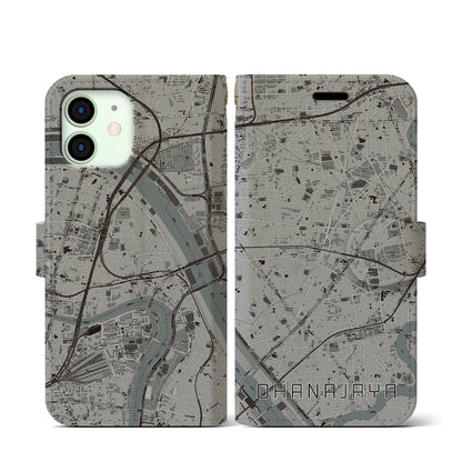 【お花茶屋（東京都）】地図柄iPhoneケース（手帳タイプ）モノトーン・iPhone 12 mini 用