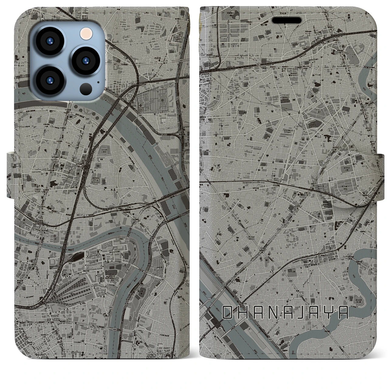 【お花茶屋】地図柄iPhoneケース（手帳両面タイプ・モノトーン）iPhone 13 Pro Max 用