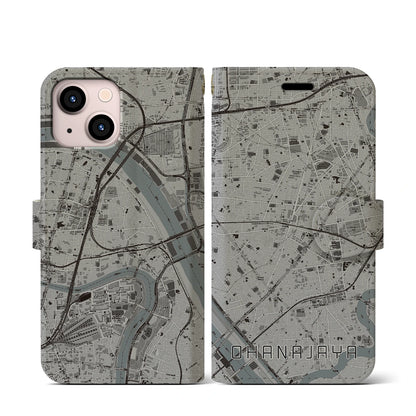 【お花茶屋（東京都）】地図柄iPhoneケース（手帳タイプ）モノトーン・iPhone 13 mini 用