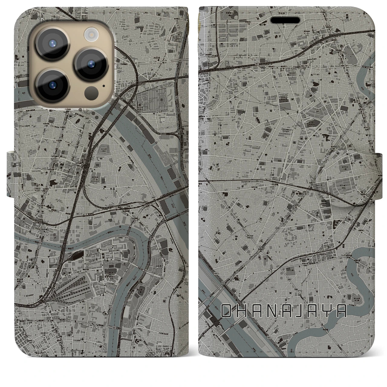【お花茶屋】地図柄iPhoneケース（手帳両面タイプ・モノトーン）iPhone 14 Pro Max 用