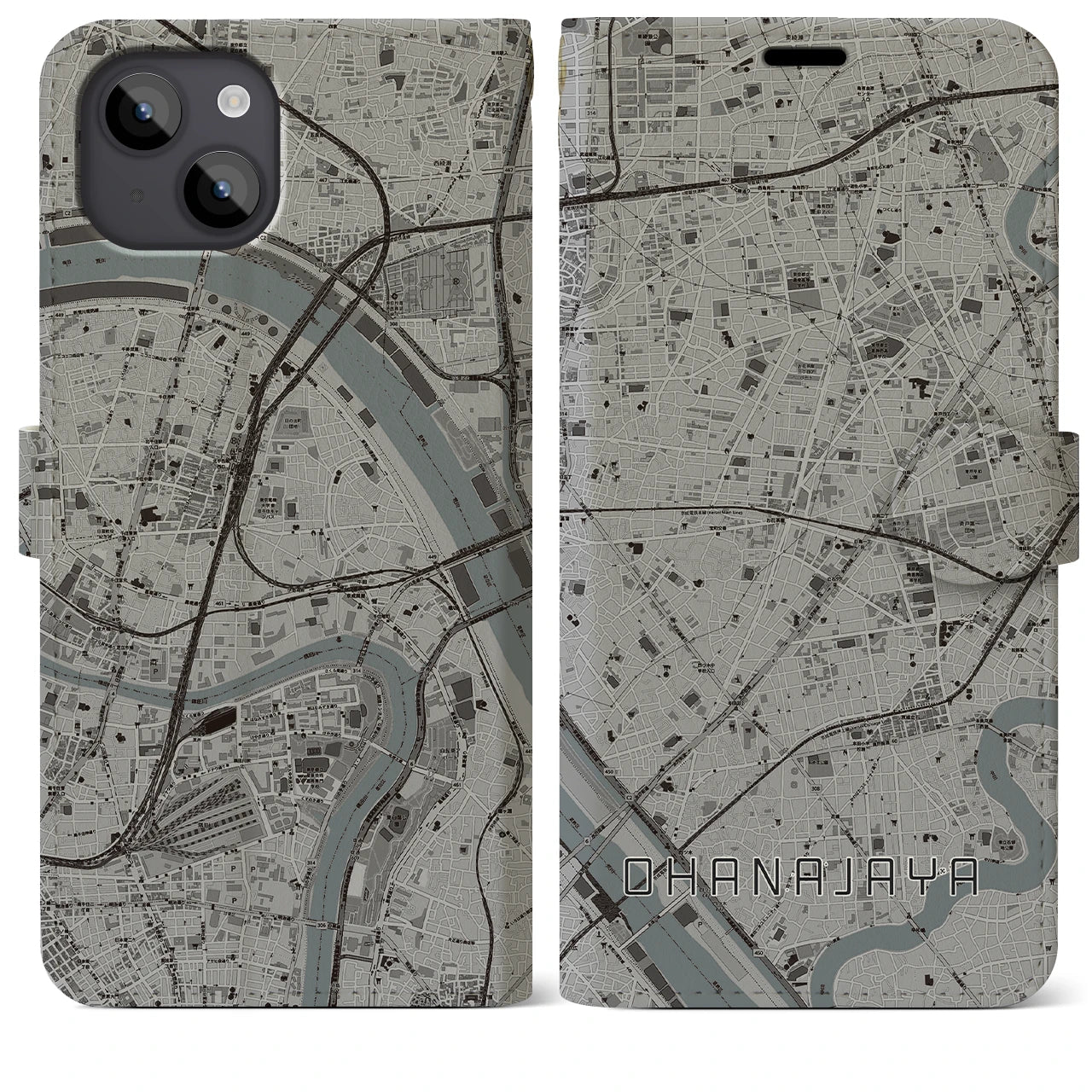 【お花茶屋】地図柄iPhoneケース（手帳両面タイプ・モノトーン）iPhone 14 Plus 用