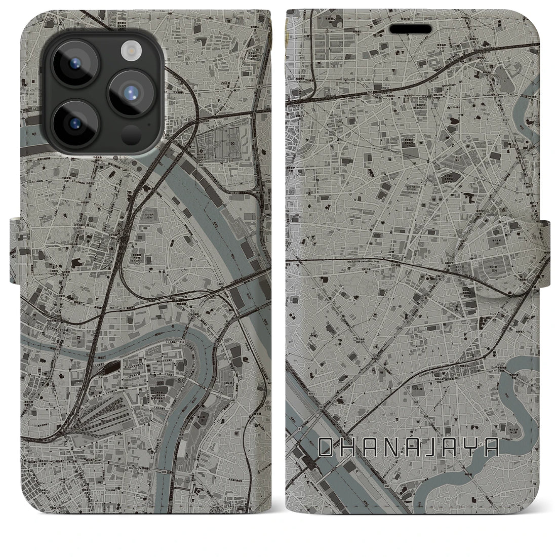 【お花茶屋】地図柄iPhoneケース（手帳両面タイプ・モノトーン）iPhone 15 Pro Max 用