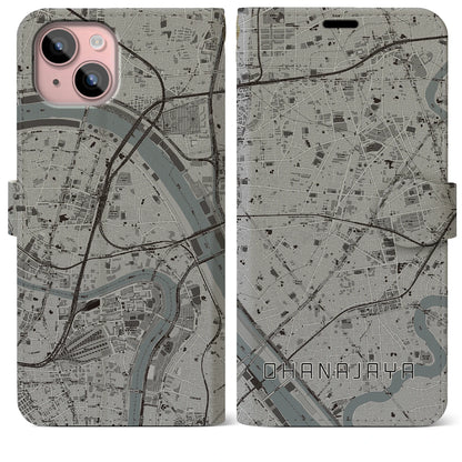 【お花茶屋（東京都）】地図柄iPhoneケース（手帳タイプ）モノトーン・iPhone 15 Plus 用