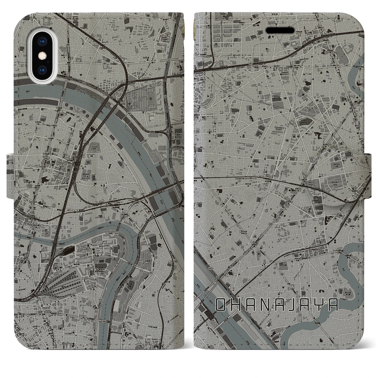 【お花茶屋】地図柄iPhoneケース（手帳両面タイプ・モノトーン）iPhone XS Max 用