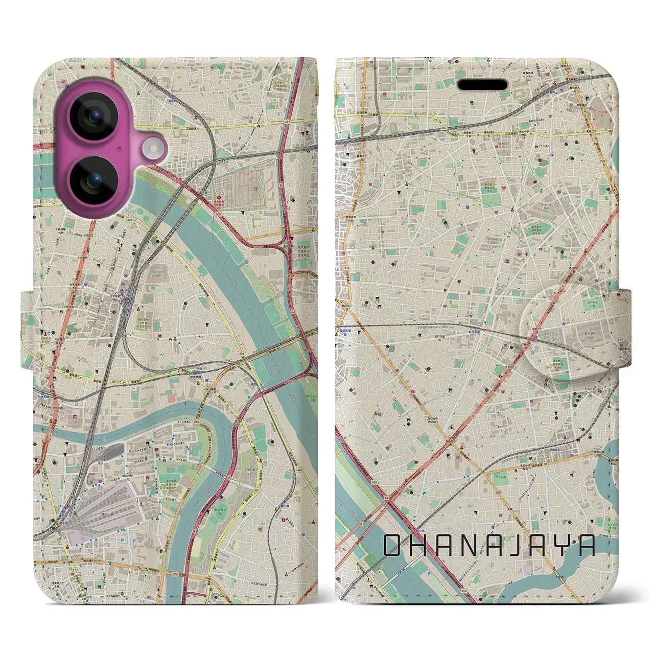 【お花茶屋（東京都）】地図柄iPhoneケース（手帳タイプ）ナチュラル・iPhone 16 Pro 用