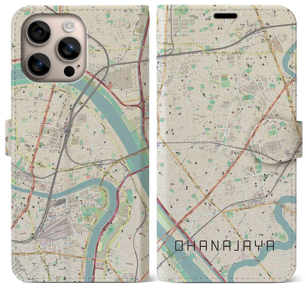 【お花茶屋（東京都）】地図柄iPhoneケース（手帳タイプ）ナチュラル・iPhone 16 Plus 用