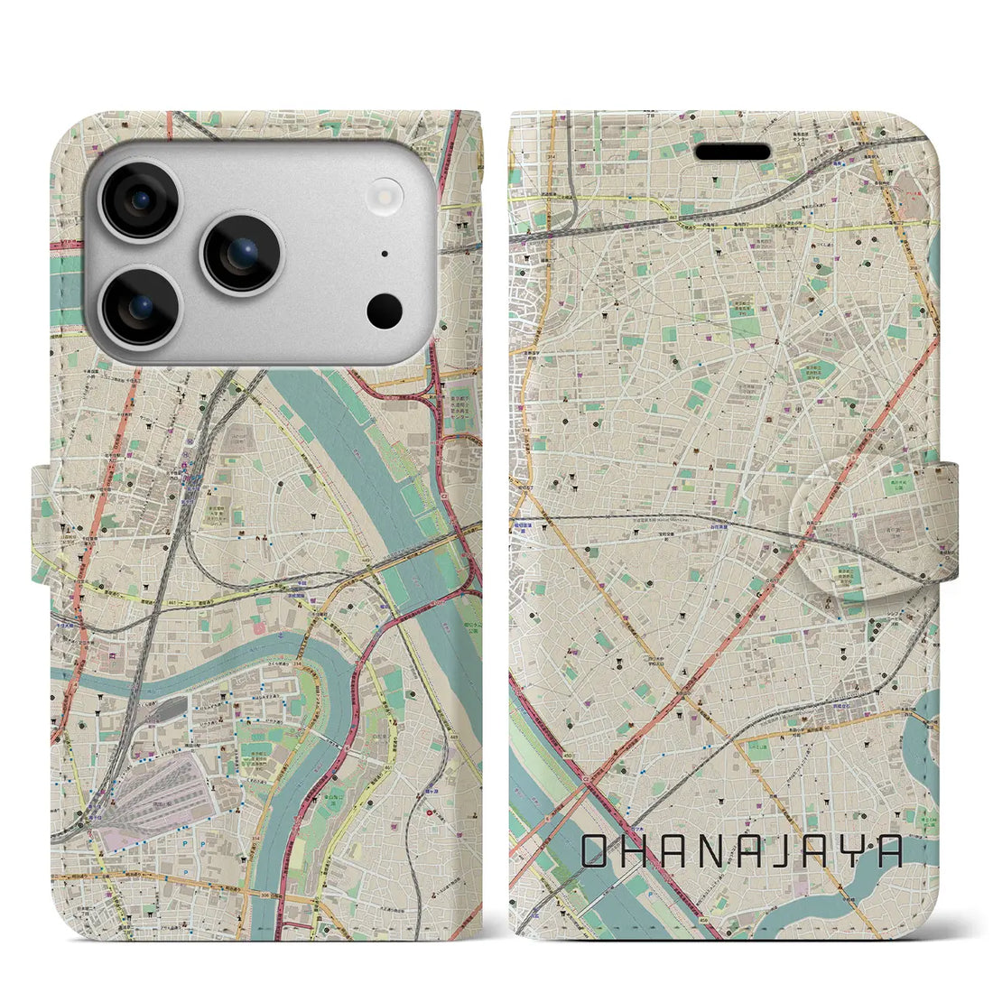 【お花茶屋（東京都）】地図柄iPhoneケース（手帳タイプ）ナチュラル・iPhone 17 Pro Max 用