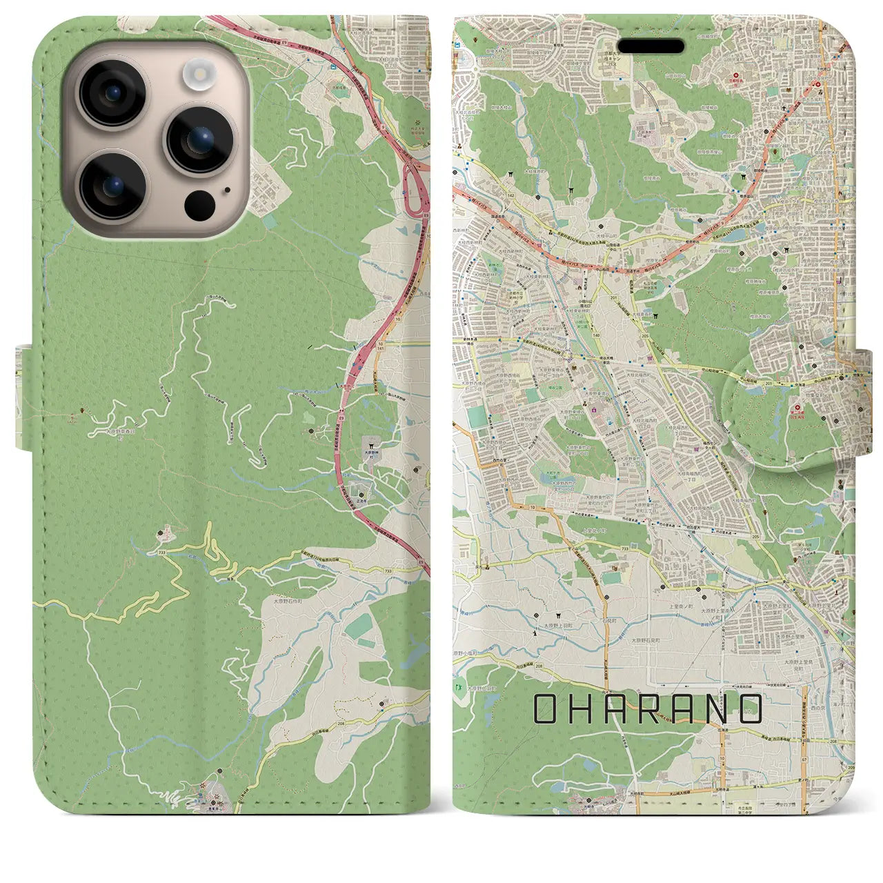 【大原野（京都府）】地図柄iPhoneケース（手帳タイプ）ナチュラル・iPhone 16 Plus 用