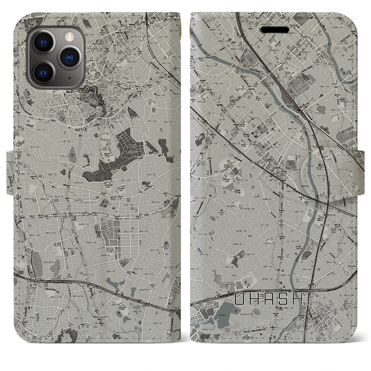 【大橋】地図柄iPhoneケース（手帳両面タイプ・モノトーン）iPhone 11 Pro Max 用