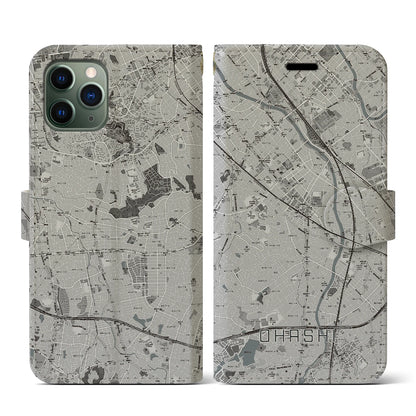 【大橋（福岡県）】地図柄iPhoneケース（手帳タイプ）モノトーン・iPhone 11 Pro 用