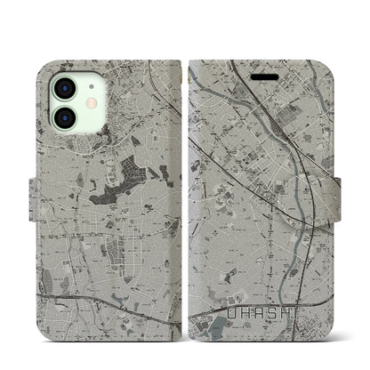 【大橋（福岡県）】地図柄iPhoneケース（手帳タイプ）モノトーン・iPhone 12 mini 用