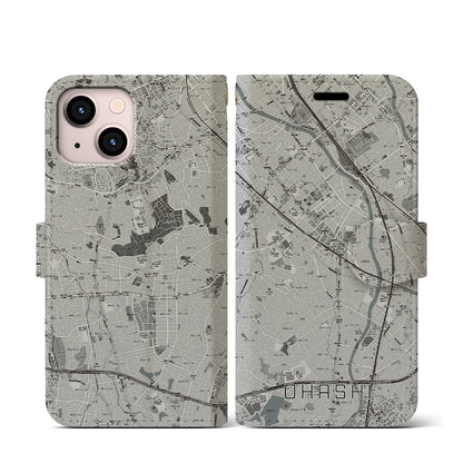 【大橋（福岡県）】地図柄iPhoneケース（手帳タイプ）モノトーン・iPhone 13 mini 用