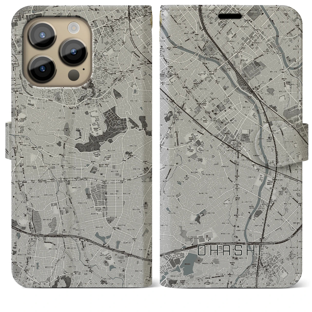 【大橋】地図柄iPhoneケース（手帳両面タイプ・モノトーン）iPhone 14 Pro Max 用