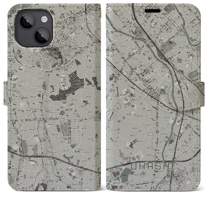 【大橋（福岡県）】地図柄iPhoneケース（手帳タイプ）モノトーン・iPhone 14 Plus 用