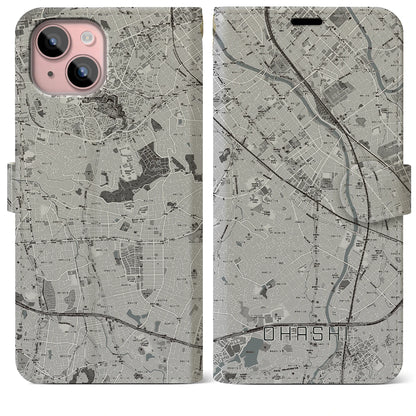 【大橋（福岡県）】地図柄iPhoneケース（手帳タイプ）モノトーン・iPhone 15 Plus 用