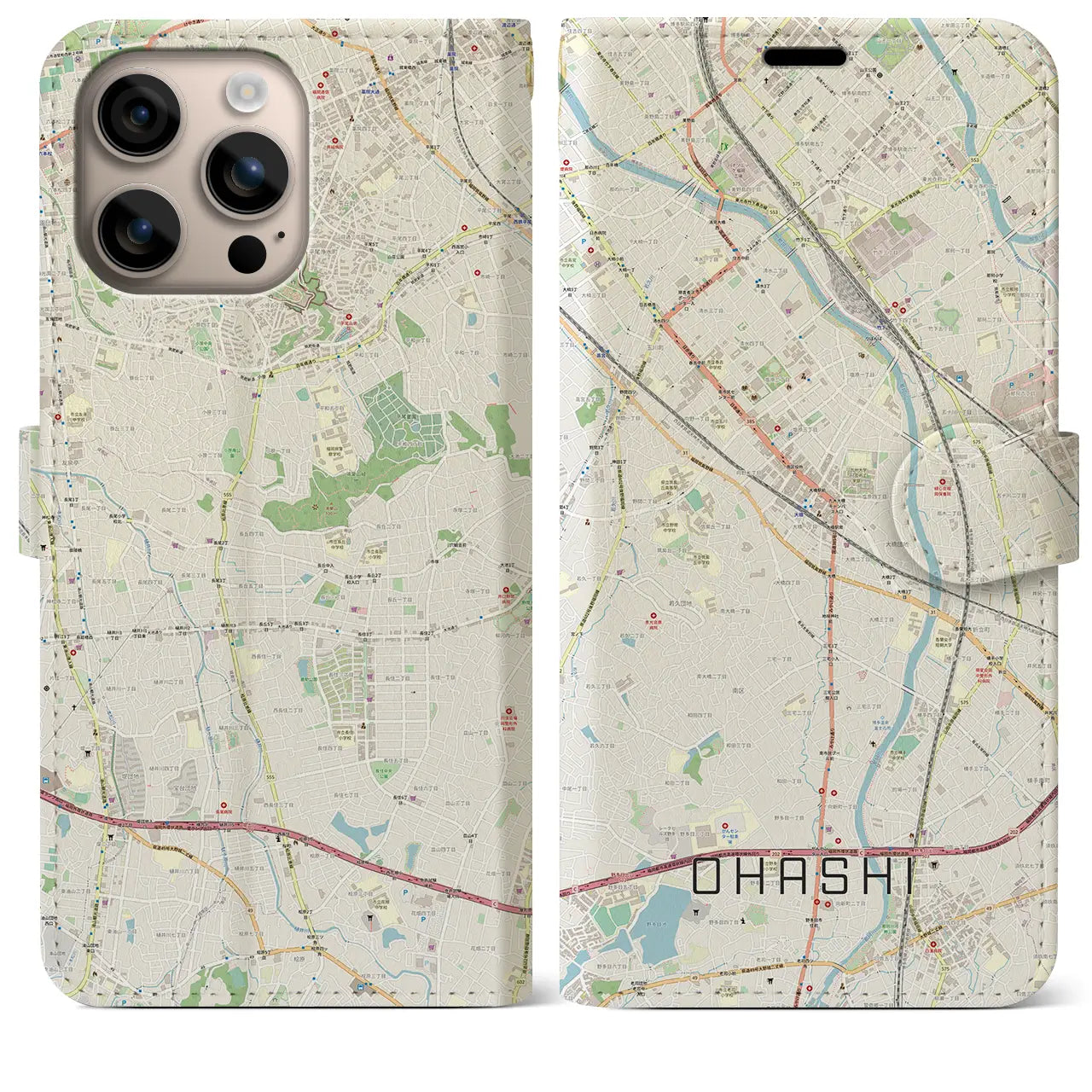 【大橋（福岡県）】地図柄iPhoneケース（手帳タイプ）ナチュラル・iPhone 16 Plus 用