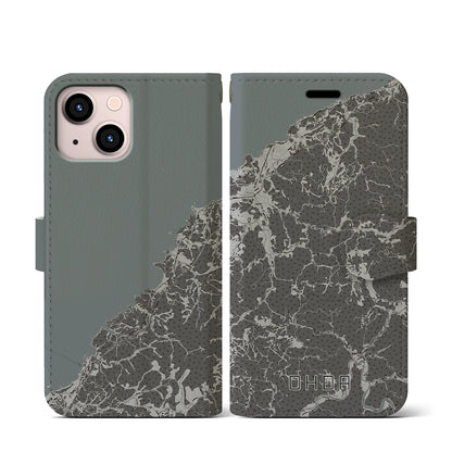 【大田（島根県）】地図柄iPhoneケース（手帳タイプ）モノトーン・iPhone 13 mini 用