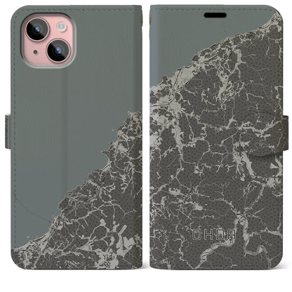 【大田（島根県）】地図柄iPhoneケース（手帳タイプ）モノトーン・iPhone 15 Plus 用