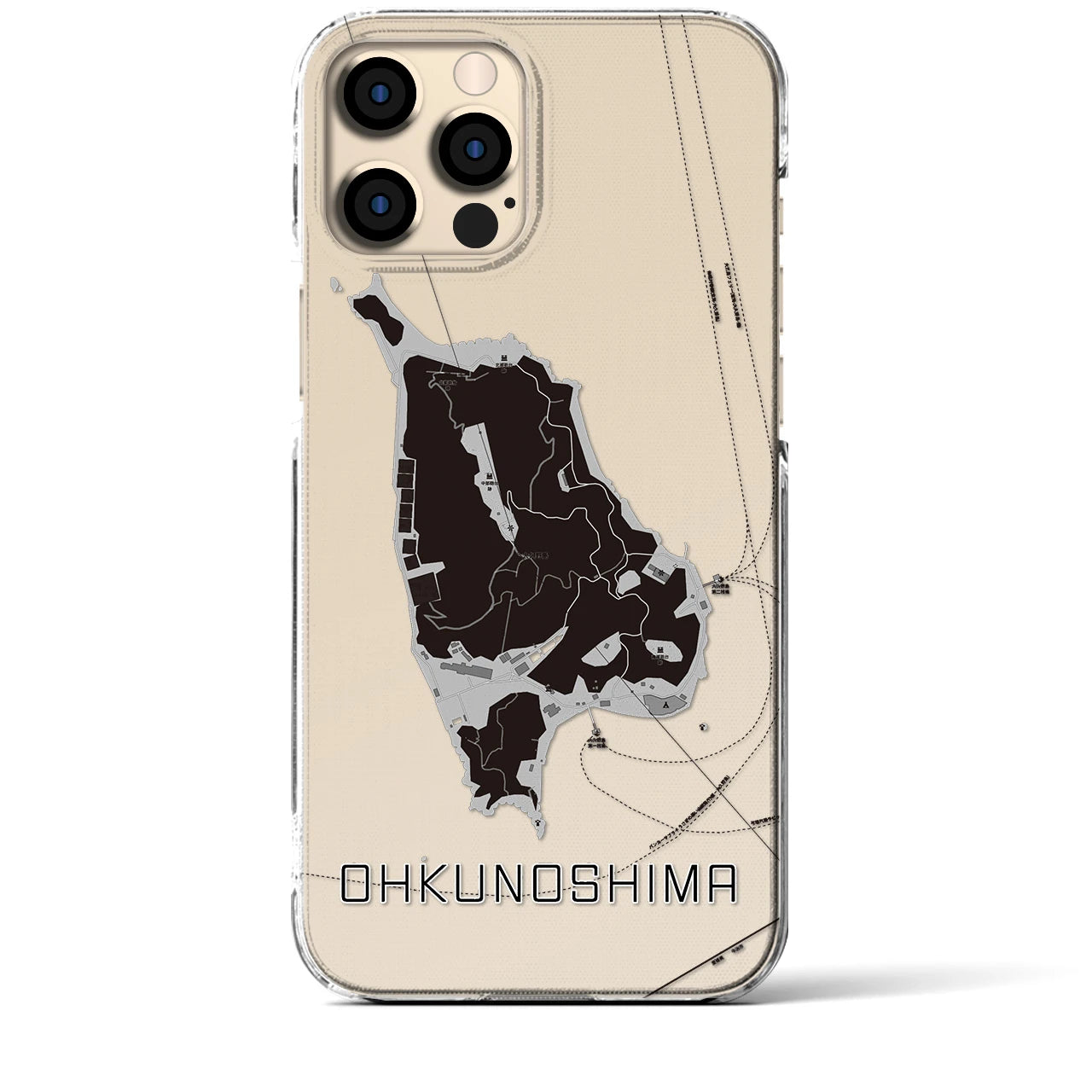 【大久野島（広島県）】地図柄iPhoneケース（クリアタイプ）モノトーン・iPhone 12 Pro Max 用