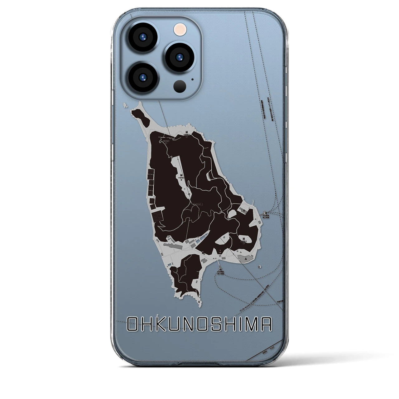 【大久野島（広島県）】地図柄iPhoneケース（クリアタイプ）モノトーン・iPhone 13 Pro Max 用