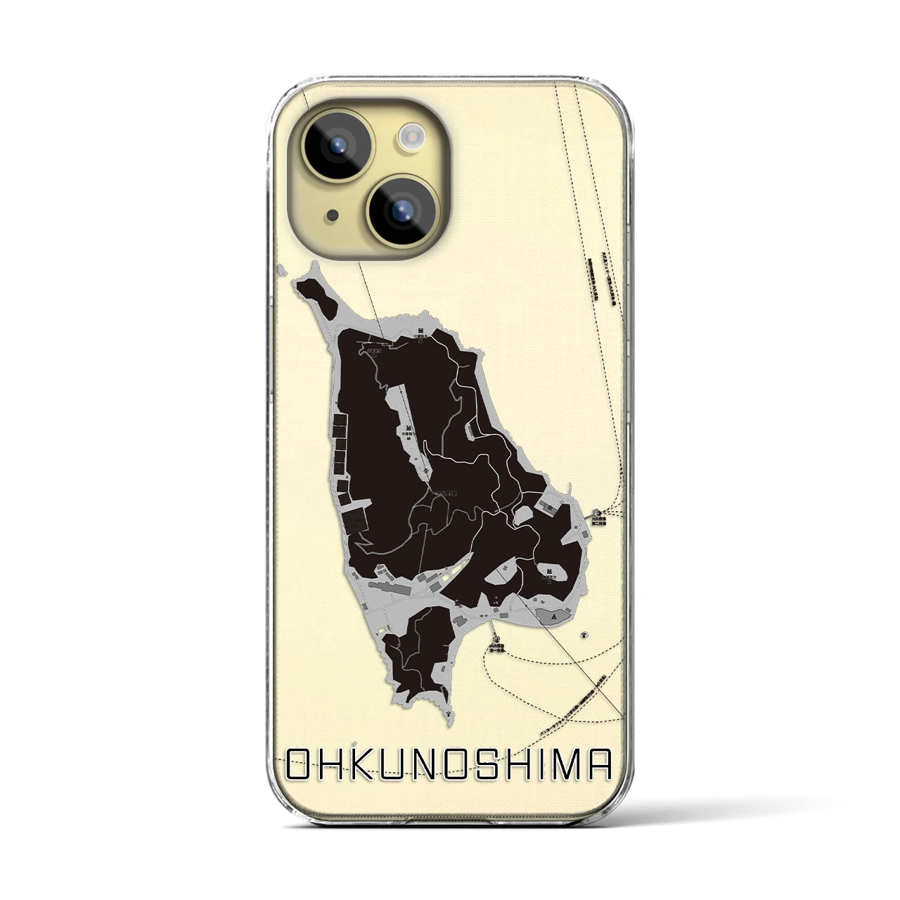 【大久野島（広島県）】地図柄iPhoneケース（クリアタイプ）モノトーン・iPhone 15 用