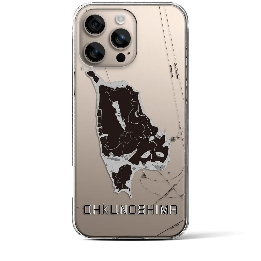 【大久野島（広島県）】地図柄iPhoneケース（クリアタイプ）モノトーン・iPhone 16 Pro Max 用