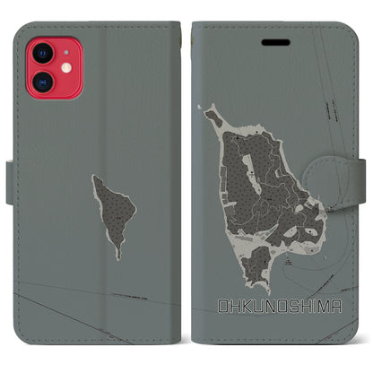 【大久野島（広島県）】地図柄iPhoneケース（手帳タイプ）モノトーン・iPhone 11 用