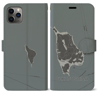 【大久野島（広島県）】地図柄iPhoneケース（手帳タイプ）モノトーン・iPhone 11 Pro Max 用