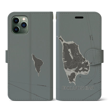 【大久野島（広島県）】地図柄iPhoneケース（手帳タイプ）モノトーン・iPhone 11 Pro 用