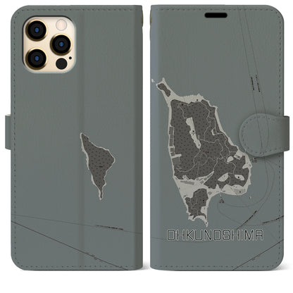 【大久野島（広島県）】地図柄iPhoneケース（手帳タイプ）モノトーン・iPhone 12 Pro Max 用