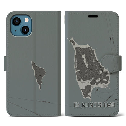 【大久野島（広島県）】地図柄iPhoneケース（手帳タイプ）モノトーン・iPhone 13 用