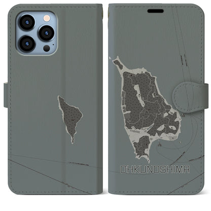 【大久野島（広島県）】地図柄iPhoneケース（手帳タイプ）モノトーン・iPhone 13 Pro Max 用