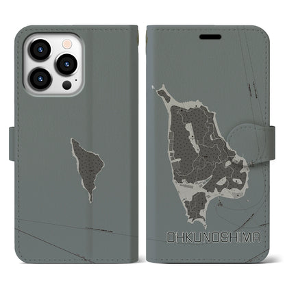 【大久野島（広島県）】地図柄iPhoneケース（手帳タイプ）モノトーン・iPhone 13 Pro 用