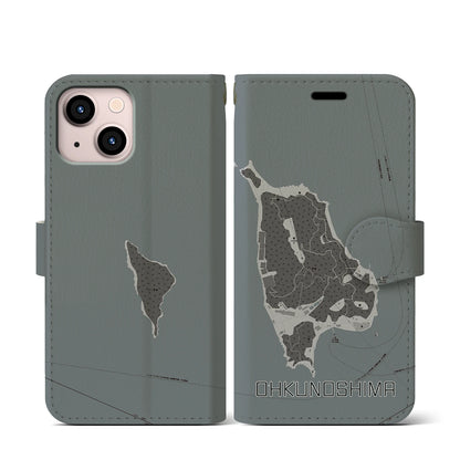 【大久野島（広島県）】地図柄iPhoneケース（手帳タイプ）モノトーン・iPhone 13 mini 用