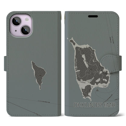 【大久野島（広島県）】地図柄iPhoneケース（手帳タイプ）モノトーン・iPhone 14 用