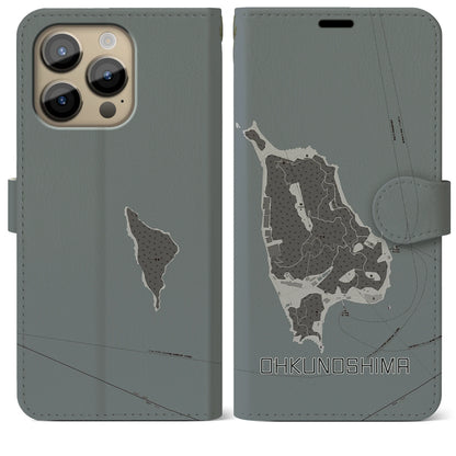 【大久野島（広島県）】地図柄iPhoneケース（手帳タイプ）モノトーン・iPhone 14 Pro Max 用