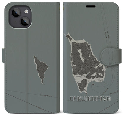 【大久野島（広島県）】地図柄iPhoneケース（手帳タイプ）モノトーン・iPhone 14 Plus 用