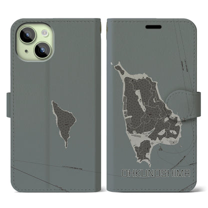 【大久野島（広島県）】地図柄iPhoneケース（手帳タイプ）モノトーン・iPhone 15 用