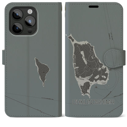 【大久野島（広島県）】地図柄iPhoneケース（手帳タイプ）モノトーン・iPhone 15 Pro Max 用