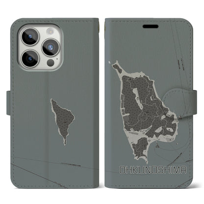 【大久野島（広島県）】地図柄iPhoneケース（手帳タイプ）モノトーン・iPhone 15 Pro 用