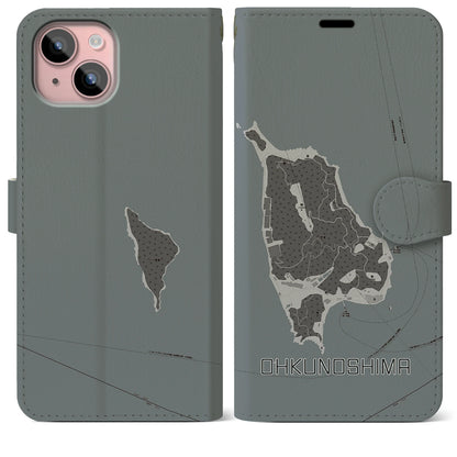 【大久野島（広島県）】地図柄iPhoneケース（手帳タイプ）モノトーン・iPhone 15 Plus 用
