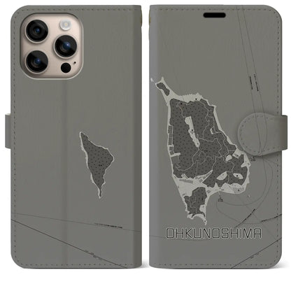【大久野島（広島県）】地図柄iPhoneケース（手帳タイプ）モノトーン・iPhone 16 Plus 用