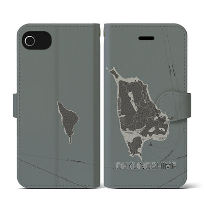 【大久野島（広島県）】地図柄iPhoneケース（手帳タイプ）モノトーン・iPhone SE（第3 / 第2世代） / 8 / 7 / 6s / 6 用