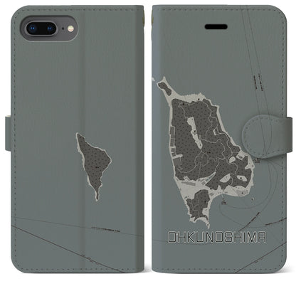 【大久野島（広島県）】地図柄iPhoneケース（手帳タイプ）モノトーン・iPhone 8Plus /7Plus / 6sPlus / 6Plus 用