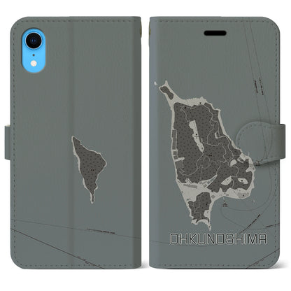 【大久野島（広島県）】地図柄iPhoneケース（手帳タイプ）モノトーン・iPhone XR 用